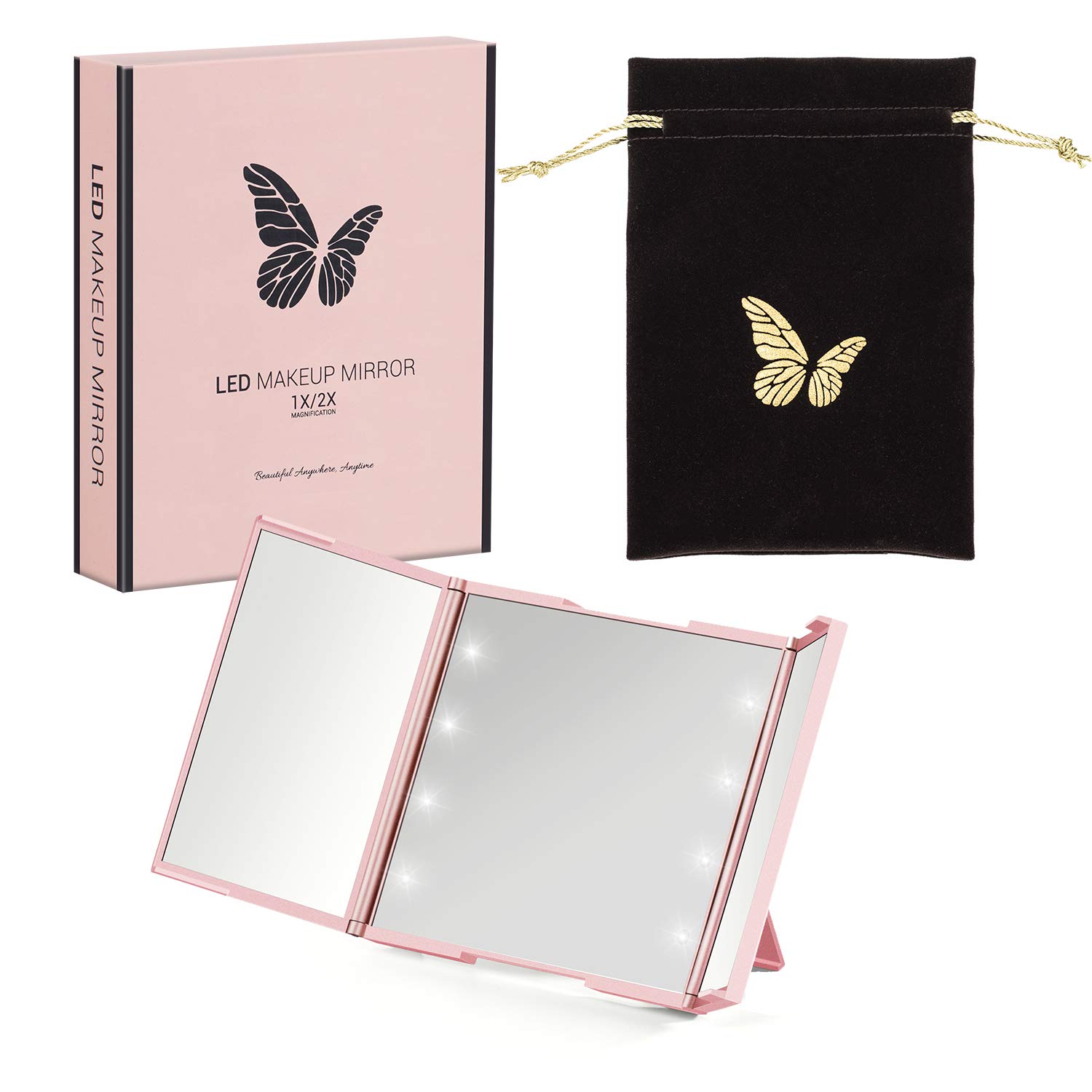 Quntis Tragbarer Kosmetikspiegel mit 8 LED Licht, 1-/ 2-Fach Vergrößerung, Beleuchteter Schminkspiegel Batteriebetrieb, Klappbarer Make UP Spiegel für Reise Tasche Unterwegs (Klein, Rosegold)