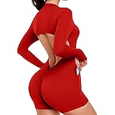 SEASUM Women's Long Sleeve Backless Jumpsuit Side Pocketed Scrunch Butt Sexy Workout Bodysuit Yoga Romper