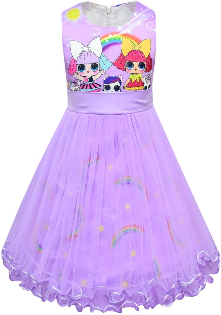 LOL Dress Clothing for Girls| Pink Princess Tulle Dress for Girls| LOL Birthday Princess Outfit| Surprise Dolls Princess Dress for Girls| (Purple, 130cm)