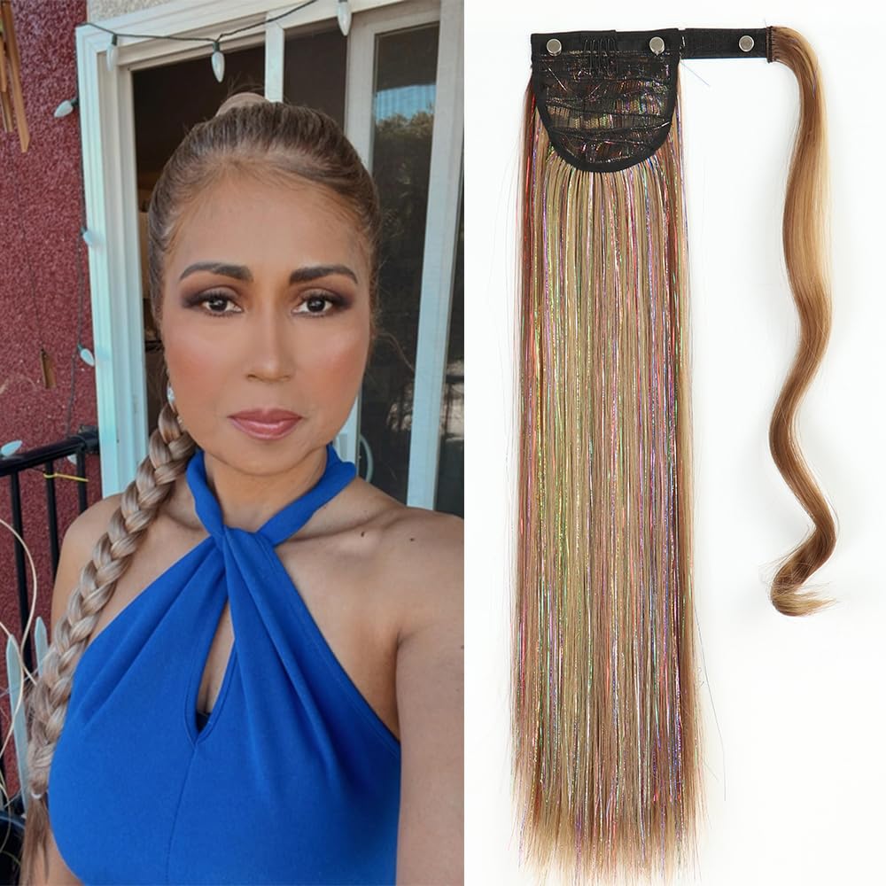 Brown Ponytail Extension Straight hair tinsel clip in Ponytail Hair Extensions Braided Pony Tail Synthetic Hair piece for Women Girls (12H24 (Light Brown Mix Natural Blond) — image 1