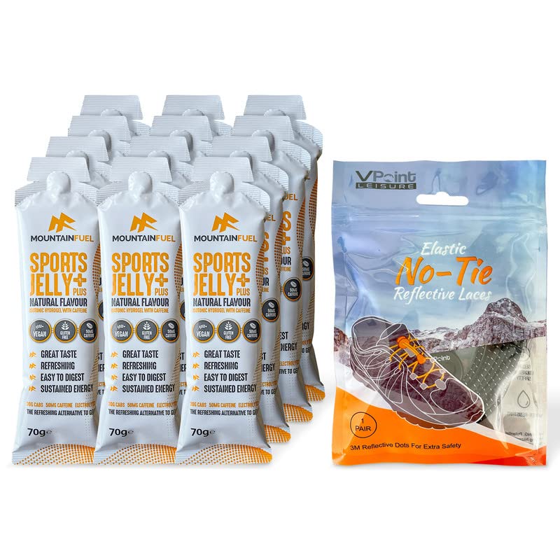 Mountain Fuel Sports Jelly Plus 12 Pack Natural Flavour Isotonic Energy Gel Hydration Sachets with 50mg Caffeine for Running, Cycling