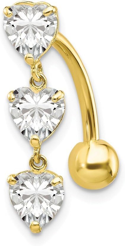 10k Yellow or White Gold Top Mount Cubic Zirconia Triple Hearts Reverse Dangle Belly Button Ring