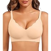HEPOE Seamless Bras for Women, Wireless Scalloped V-Neck Push Up Full Coverage Bra, Comfort Everyday Tshirt Bralette