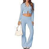 Women's Ribbed Knit 2Pcs Outfits Long Sleeve Zip Up Hooded Sweater Top Flare Skinny Pants Set Y2K Loungewear Set