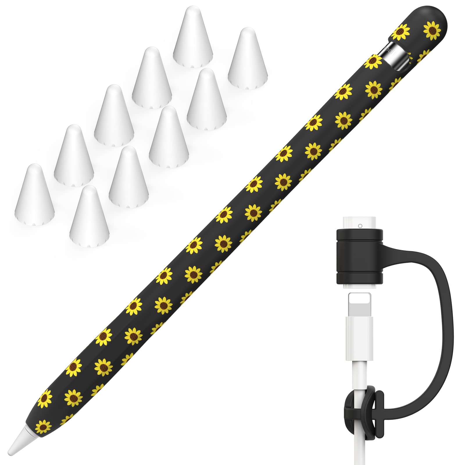NIUTRENDZ Sunflower Case for Apple Pencil 1st Generation Case Cover Silicone Protective Sleeve Accessories with Apple Pencil Tips Cover & Cable Adapter Tether (Black)