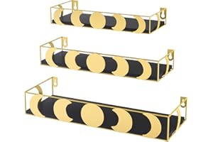 Serwrsw Moon Phase Wall Shelves Set of 3, Gold Floating Shelves with Black Board, Crystal Display Shelf for Witchy Wall Decor