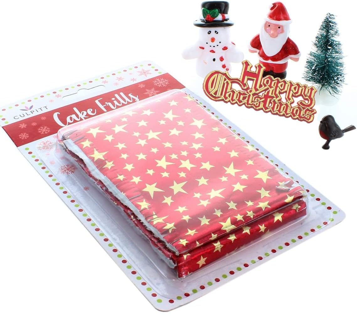 Culpitt Red and White Merry Christmas Cake Decoration Kit, Festive Cake Toppers Including Snowman, Santa, Robin, Plaque, Christmas Tree, And Stars Cake Frill - 6 Piece Set