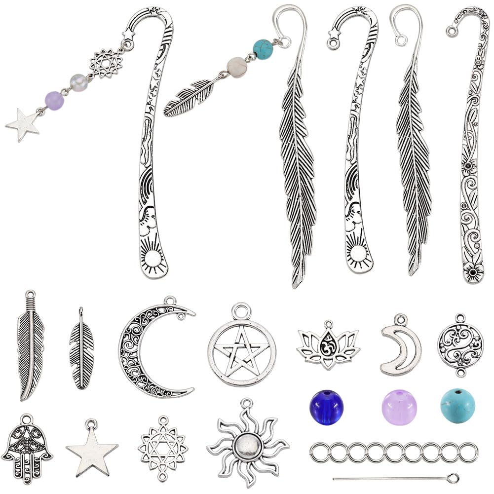SUNNYCLUE 1 Box DIY 6 Sets Metal Bookmark Kit Metal Bookmarks Bulk Hook Bookmark Lucky Sun Star Moon Charms Bookmark Vintage Alloy Bookmark Metal Book Marks for Crafting Bookmark Making Supplies