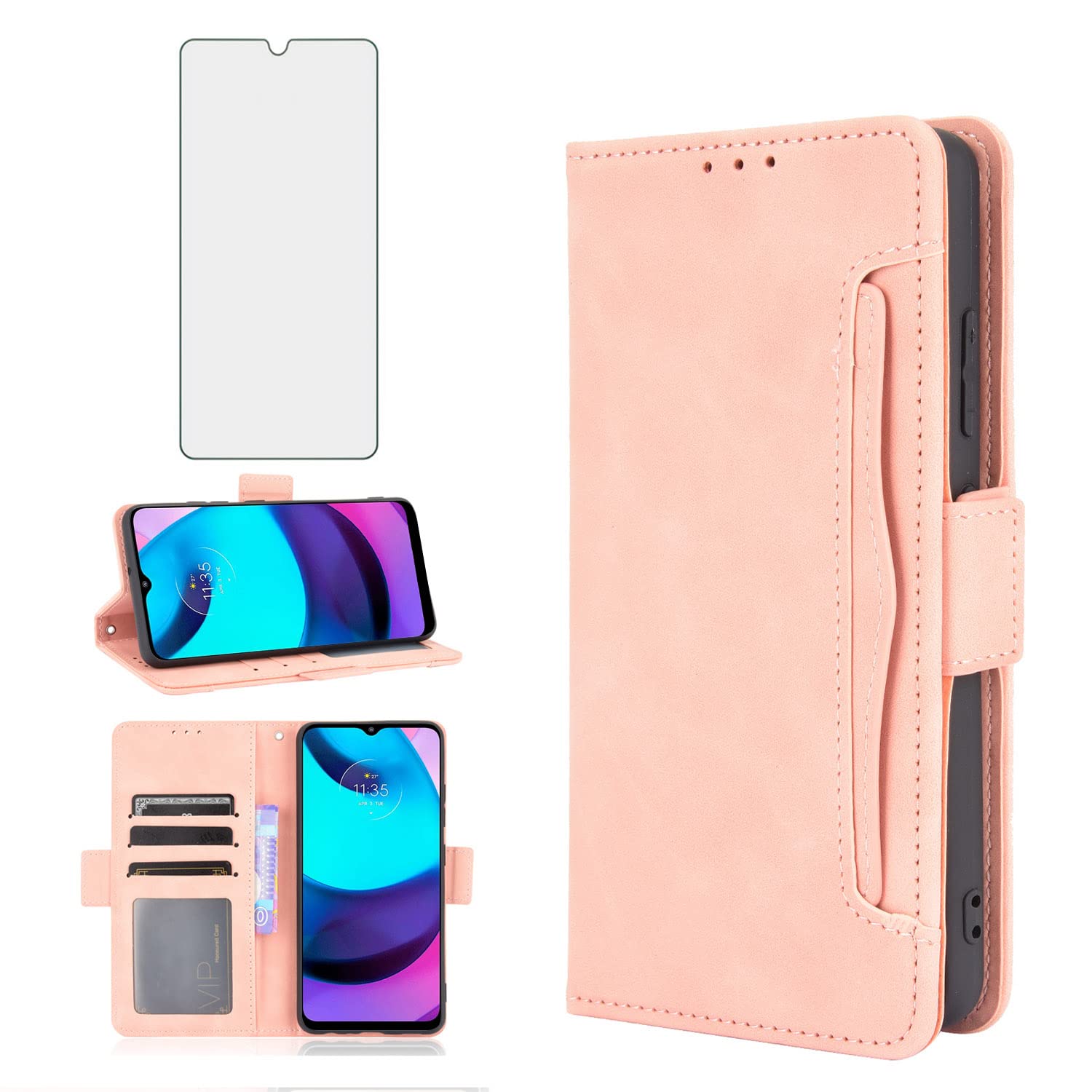 Asuwish Compatible with Moto E20/E30/E40 Wallet Case and Tempered Glass Screen Protector Card Holder Stand Credit ID Slot Leather Flip Cell Accessories Phone Cover for XT2155 2021 Women Men Rose Gold