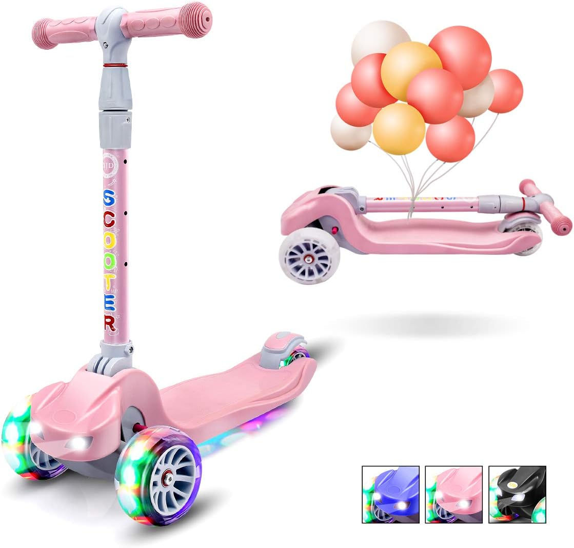 XJD Kick Scooter for Kids 3 Wheel Scooter for Girls Boys Toddler Scooter 4 Adjustable Height Lean to Steer with PU Flashing Wheels for Children from 3 to 12 Years Old