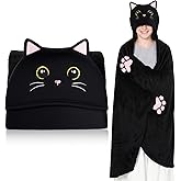 Peryiter Cat Wearable Blanket Hoodie - Valentine Black Cat Gift Adults Oversize Soft Flannel Cloak Wrap Throw Hooded Blanket for Women Men