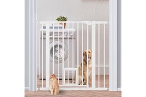 Mumeasy 36" High Extra Tall Baby Gate with Cat Door, 29.6"-40.5" Wide Pressure Mounted Dog Gate with Small Pet Door, Auto Close Pet Gate for House,Stairs,Doorways,White