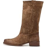 RJYLP Mid Calf Boots for Women Chunky Block Heel Pull On Boots Round Toe Low Heel Trendy Stylish Riding Boots