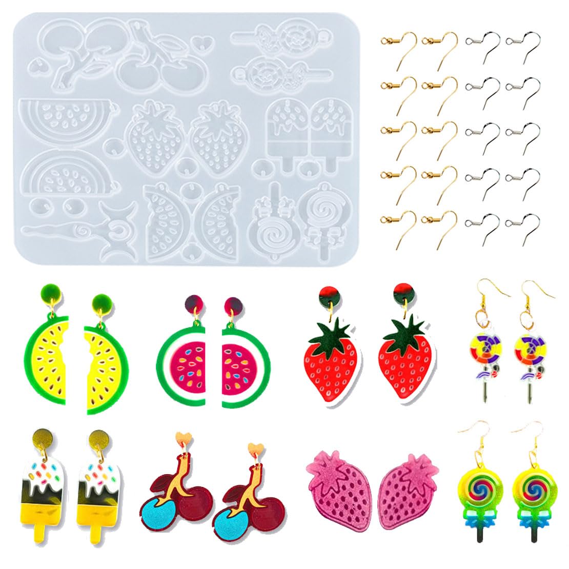 DeryArcle Strawberry Earring Resin Moulds Lollipop Shape Jewellery Silicone Mould Fruit Pendant Epoxy Resin Casting Mold with 20 Earring Hooks for DIY Crafts Keychain Necklace
