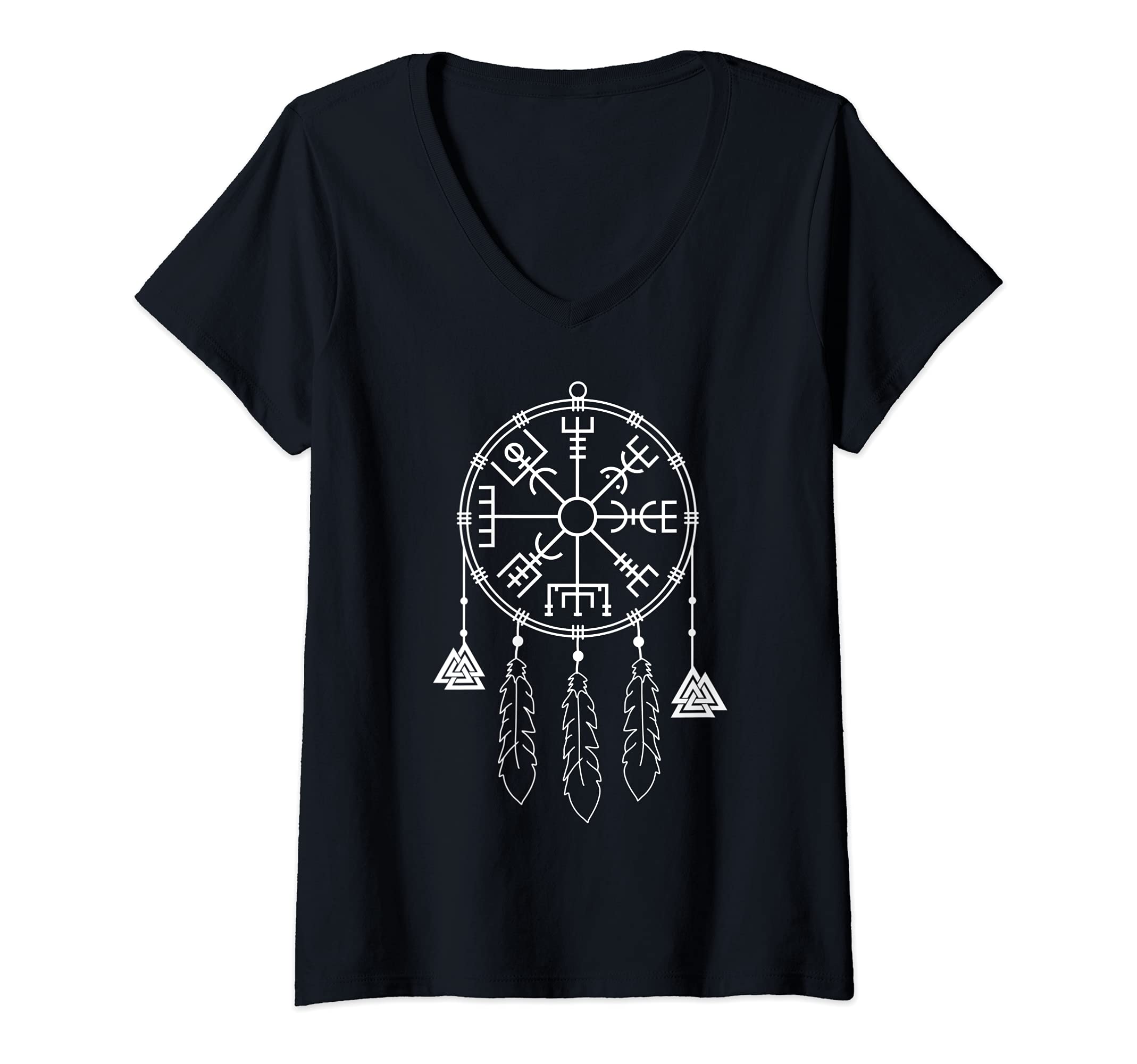 Womens Viking Compass Vegvisir - Celtic Vegvísir Dreamcatcher V-Neck T-Shirt
