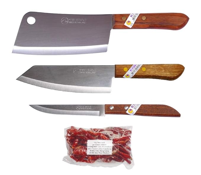 kiwiandkomkom 3 x Kiwi Thai Chef Kochmesser Küchenmesser Hackbeil #830#171#501 + 30g Thai Chilli scharf aus dem Isaan Nordtha