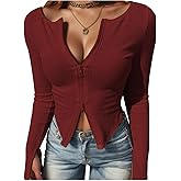Fisoew Womens Long Sleeve Tops Ribbed Crop Top Double Zip Up Cardigans V Neck Sweater Shirts Fall and Winter 2024