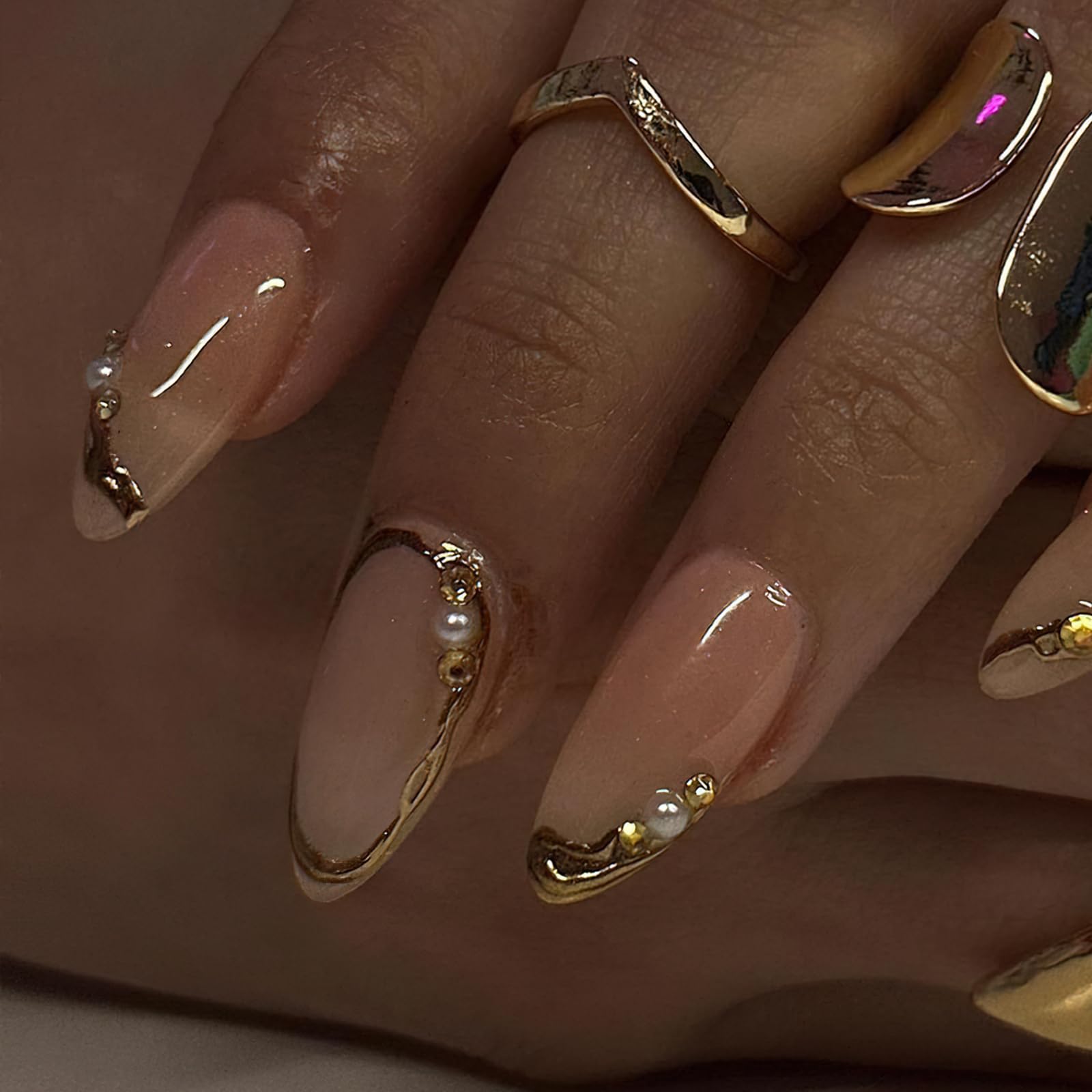 ROFIBUT Gold French Tip Press on Nails Medium Almond Fake Nails with Pearl Designs 3D Gold Edge False Nails Glossy Nude Glue on Nails Acrylic Nails Reusable Stick on Nails for Women Manicure 24Pcs - Image 3