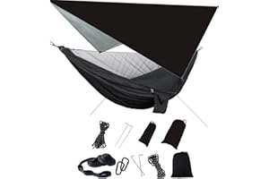 OVYUZHEN Camping Hammock with Rain Fly Tarp Mosquito Net Heavy Duty Tree Straps Portable Double Parachute Hammocks Tent Waterproof Rainfly Set Black
