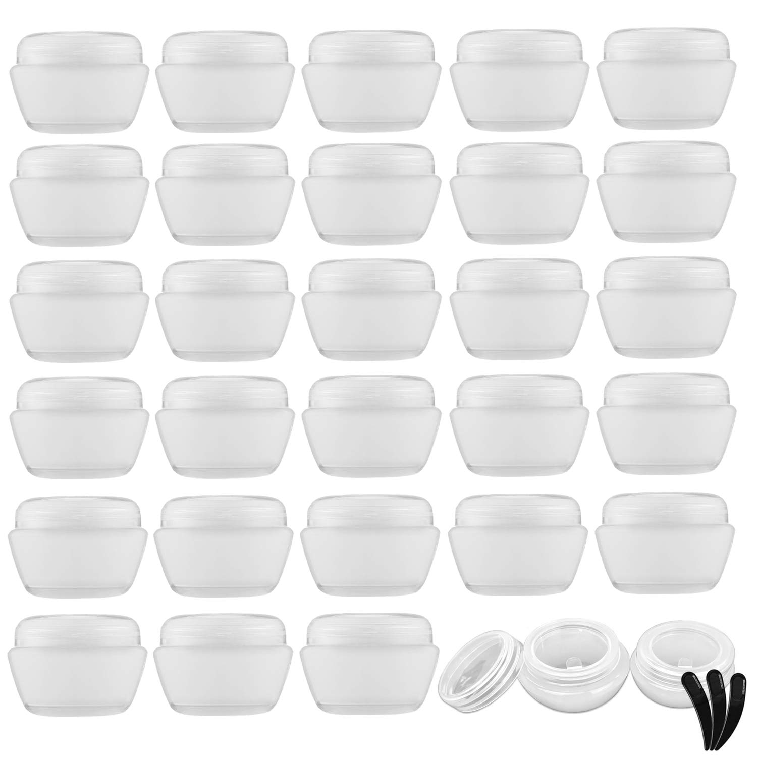 Alledomain 30 Pieces 10ml / 10g Empty Cosmetic Sample Container with 3Pcs Mini Spatulas, Plastic Refillable Travel Clear Pot Jars with Lids and Inner Liners for Makeup Creams Beauty Nails Eye Shadow