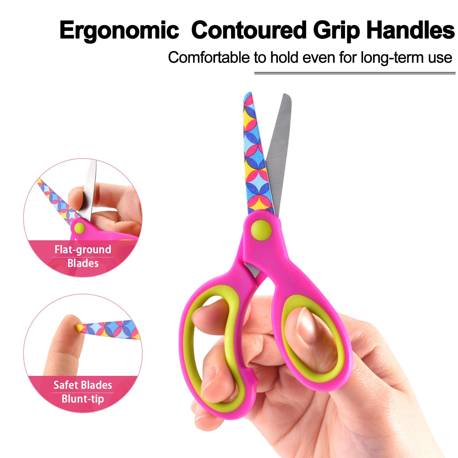 Zicolu Kids Scissors Set of 3 pack, Safety Children Scissors, Craft Scissors with Blunt Tip Floral Print Blade and Soft Grip, Great for Home and School, Blue/Purple/Yellow, 5 inch