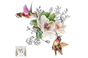 2PCS Birds and Flowers Bathroom Toilet Seat Wall Sticker Self-Adhesive Toilet Lid Decals DIY Removable Watercolor Bouquet Toi