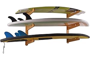LINGVUM Surfboard Wall Mount Surfboard Rack for Wall Surfboard Storage Racks for Longboards Shortboards Wakeboard Kiteboard and Snowboards, 3 Boards Display Works Indoor and Outdoor