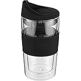 Restaurantware Glass Travel Mug 1 Count 12 Ounce Double Wall Borosilicate Reusable Coffee Cup, Spill-Resistant Black Silicone Lid, Clear Drinkware Mug for Hot and Cold Beverages
