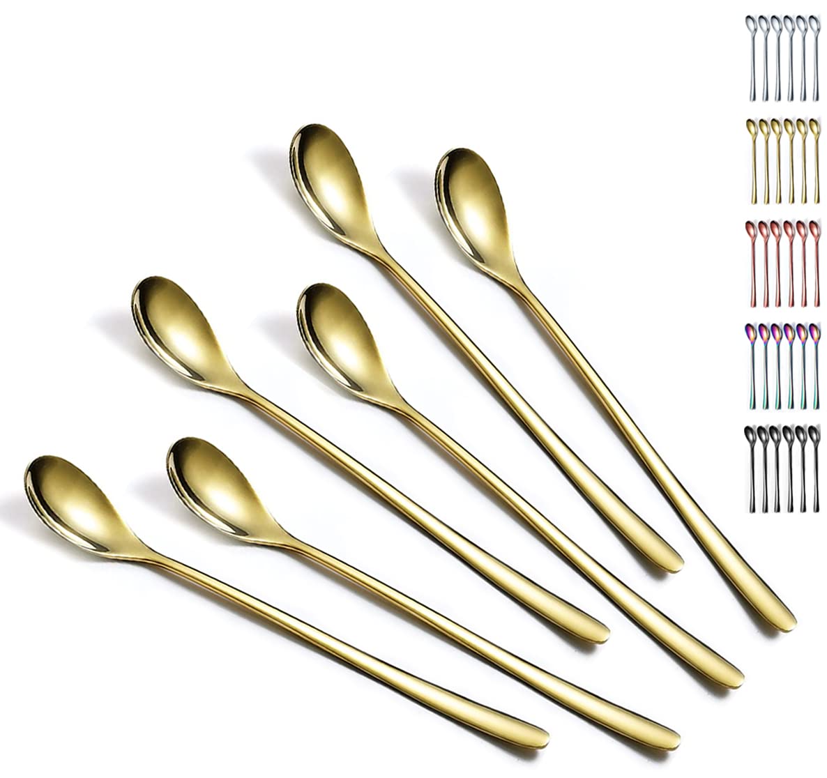 Evanda Iced Tea Spoons, Teaspoons, Stirring Bar Spoon, Coffee Spoon, Ice Cream Spoon, Cocktail Spoon, Tea Spoons, Set of 6 (Gold) (3.Gold 6 pieces)