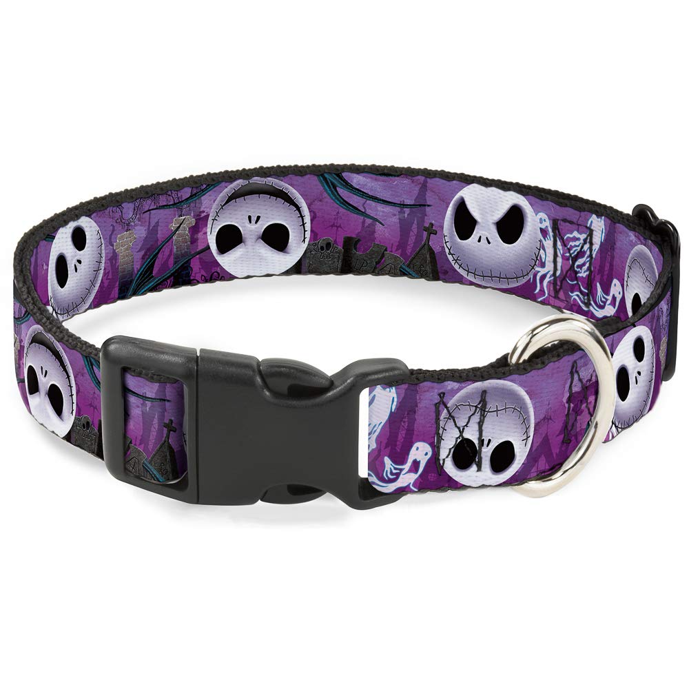 Buckle Down Jack Expressions/Ghosts In Cemetery Purples/Grays/White Plastic Clip Collar, Wide Large/18-32