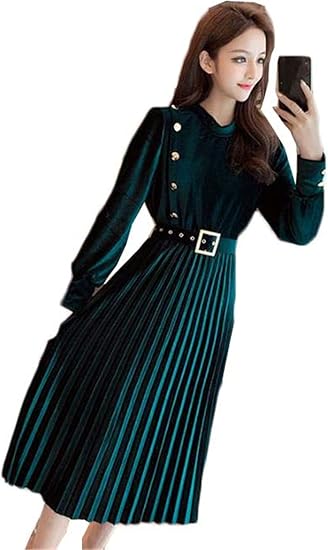 Amazon トナリ レディース ワンピース ベロア 春服 長袖ワンピース プリーツスカート 秋服 秋冬 チュニック ボトムスドレス 着痩せ ベルト付き ロング丈 シャツスカート スカート トップス オシャレ ファッション ワンピース チュニック 通販