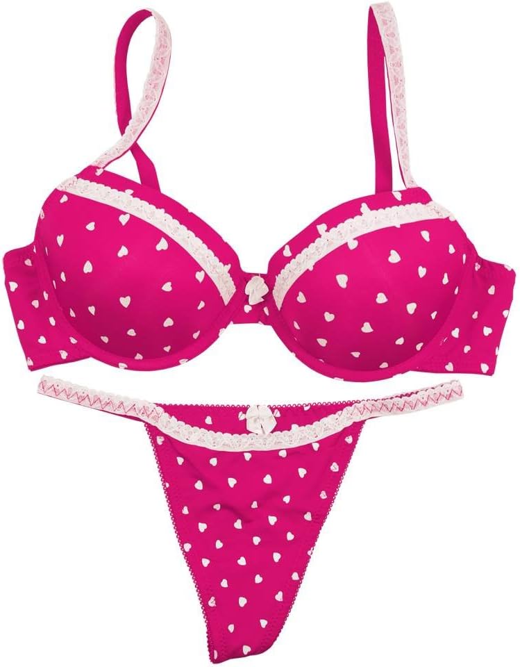 2-Piece Women's Heart Printed Nylon Underwire Bra & V-String Thong Set - Pink 36B