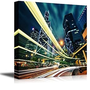 Hong Kong City Center at Night with Light Trails