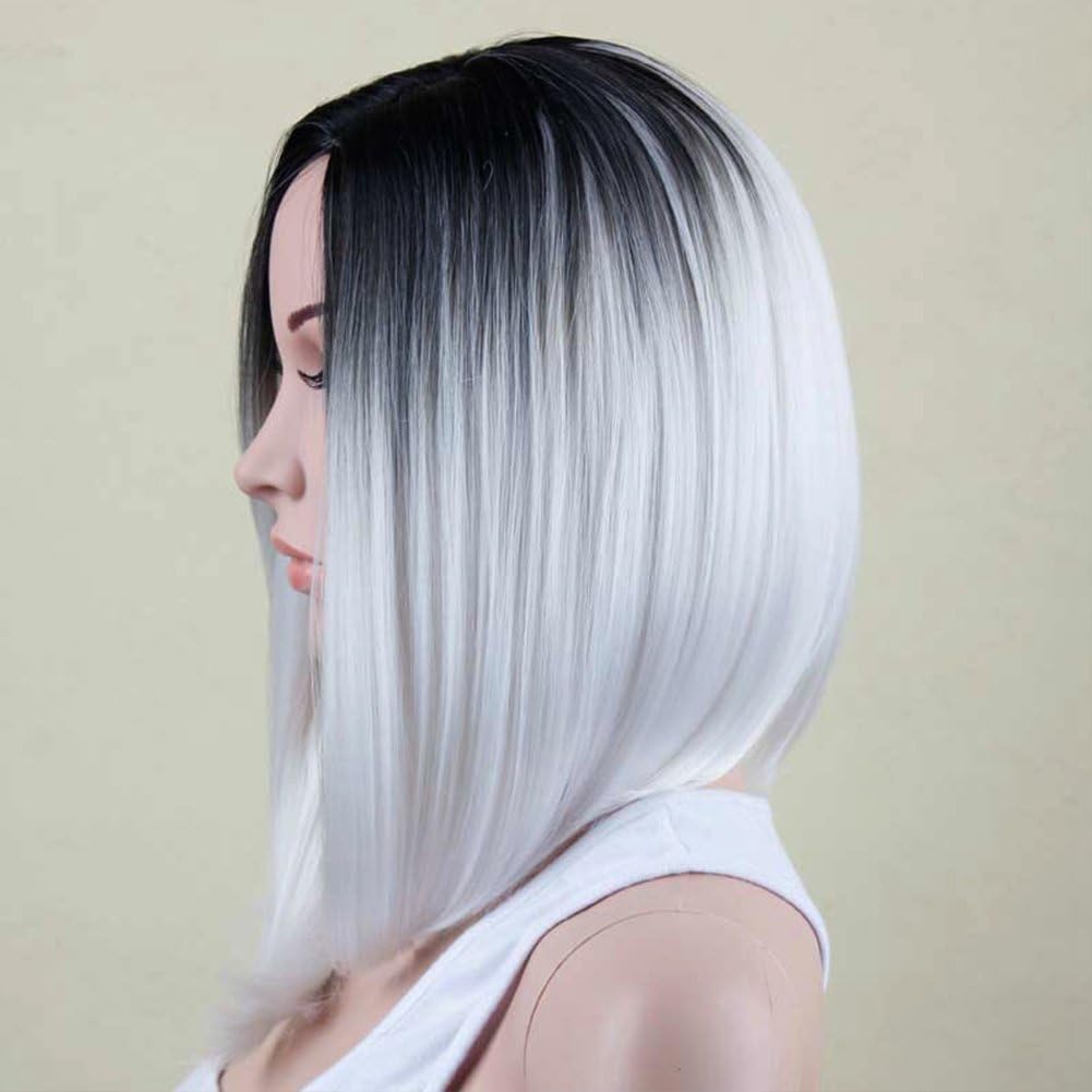 New Popular Ombre Wig Natural Wave 13 inches Lace Front 150 Density Heat Resistant Synthetic Wigs For Black Women (13", black/white)