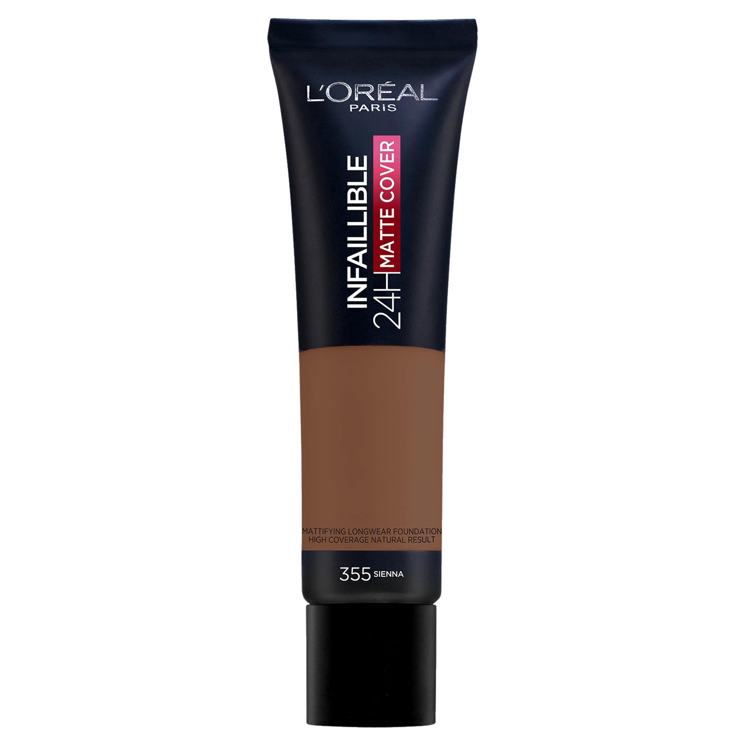 L'Oreal Paris Foundation, Infallible Matte Cover 24hour 355 Sienna, Sweat-proof, Heat-proof, Transfer-proof and Water-proof, SPF 18, 30 ml