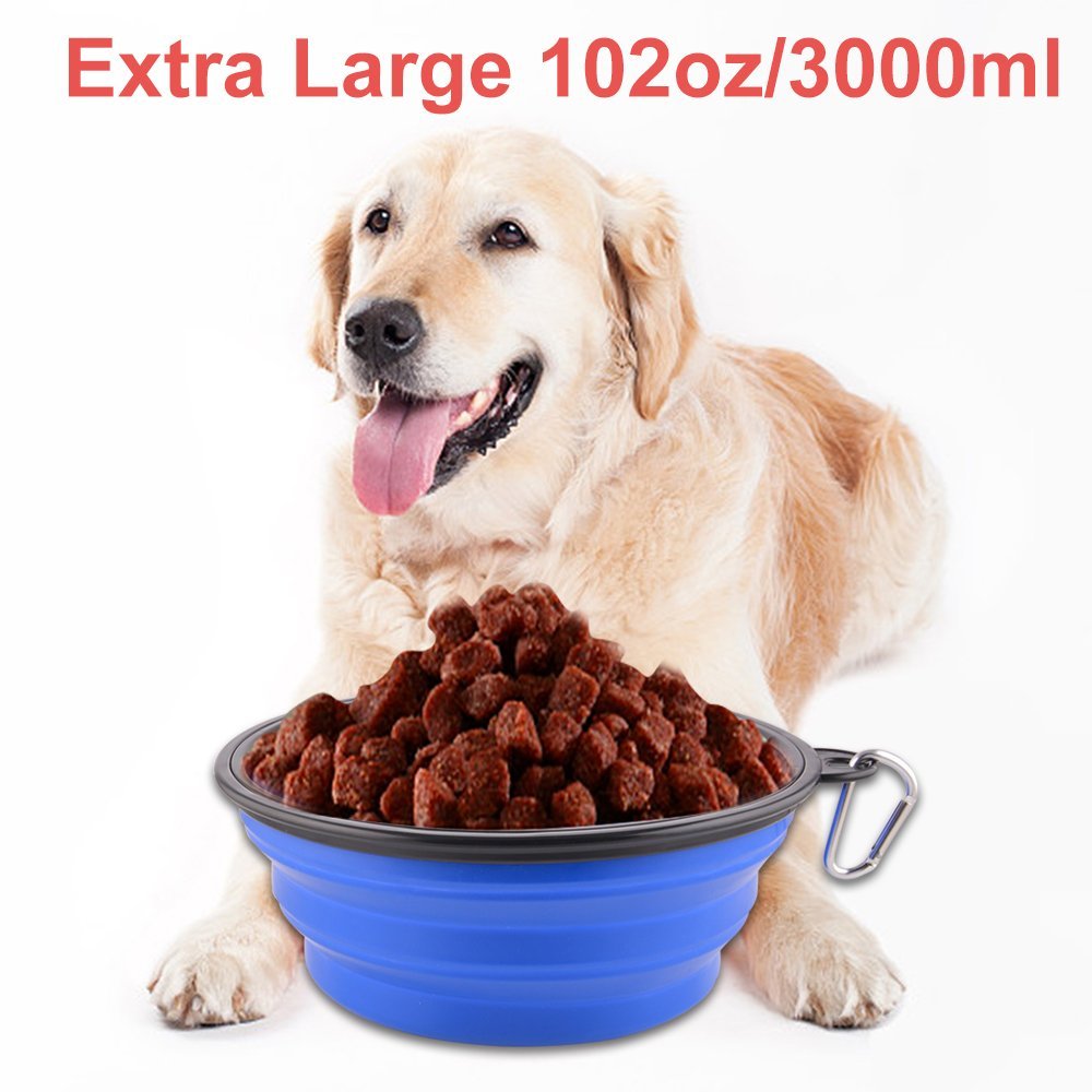 Guardians Extra Large Collapsible Dog Bowl, 102oz Portable Foldable Water Bowls Food Dishes with Carabiner Clip for Travel (Blue)