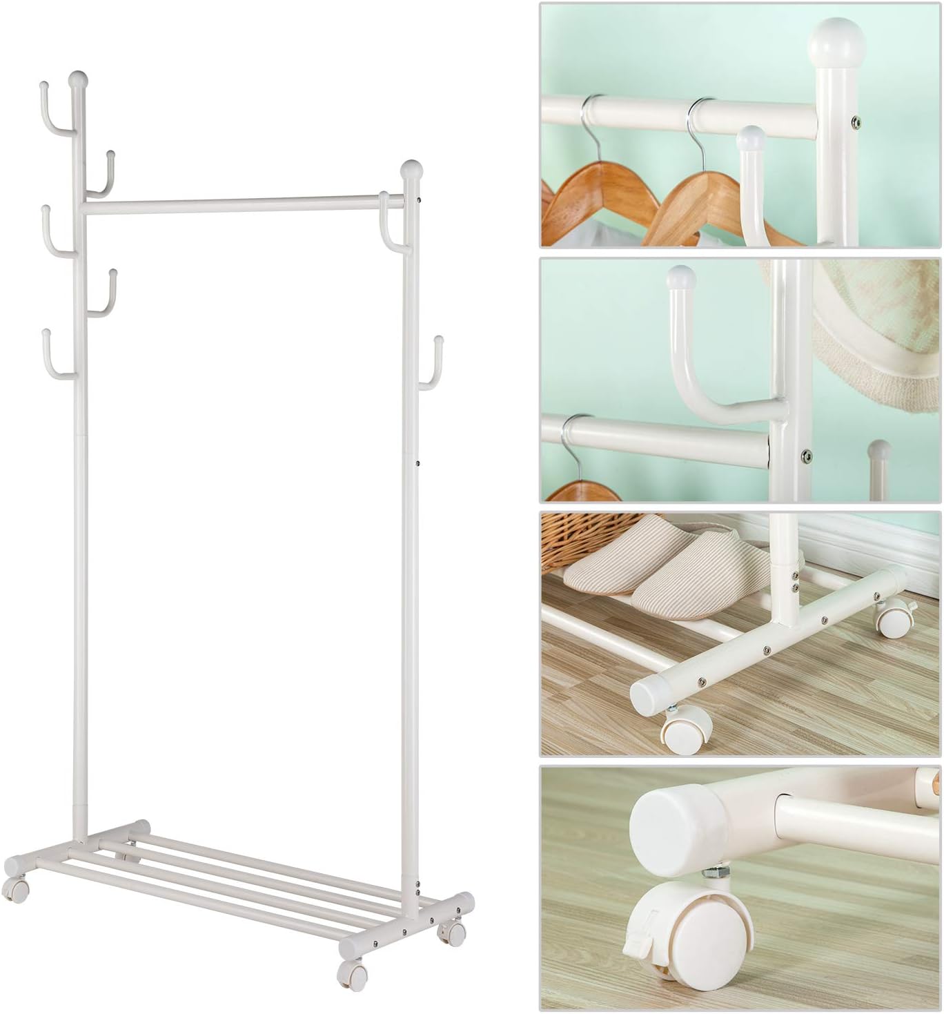 SINGAYE Clothes Rack 2-in-1 Coat Rack Rolling Garment Rack with Bottom Shelves, 7 Side Hooks, Lockable Wheels, Rolling Closet Organizer (White): Home & Kitchen