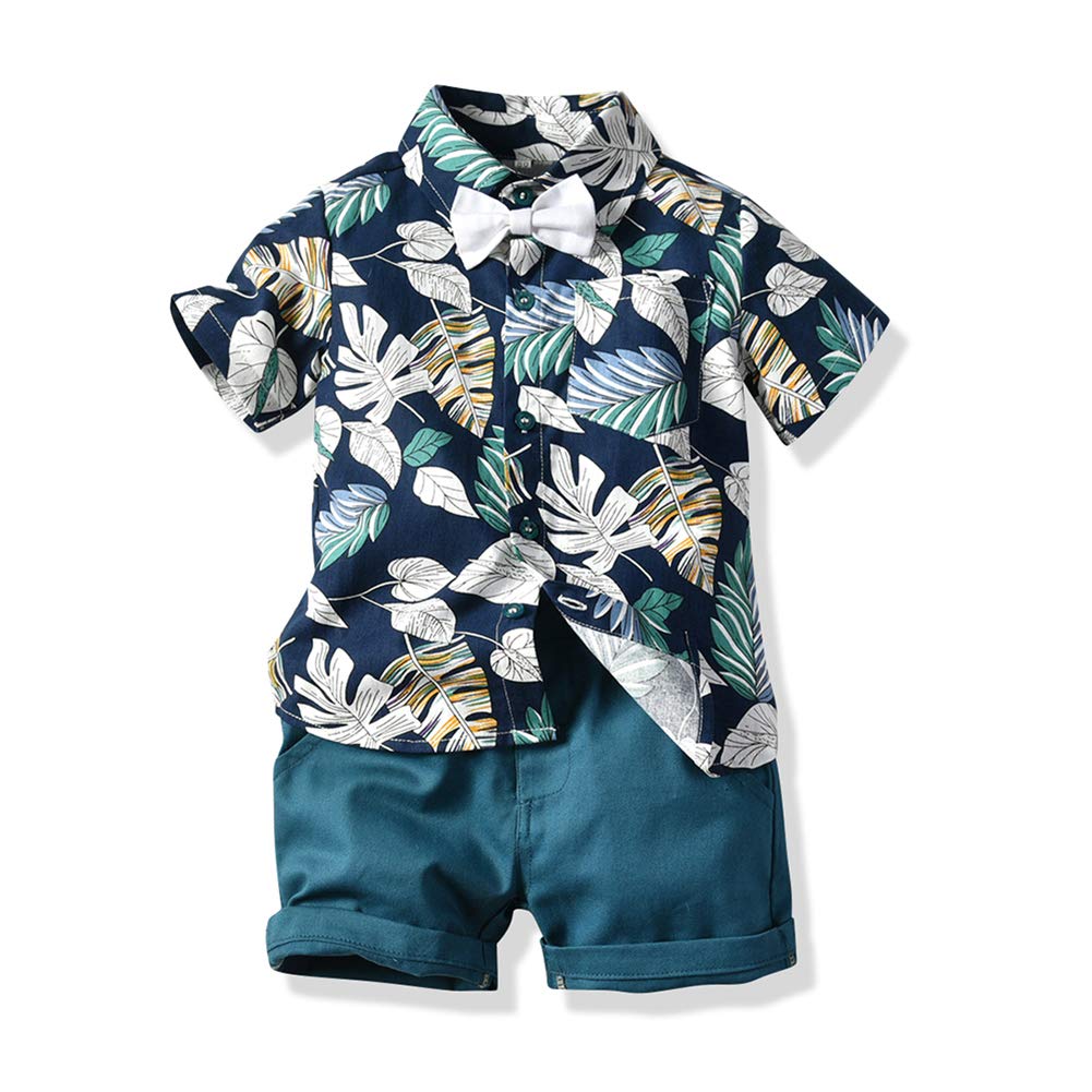 Photo 1 of JunNeng Toddler Baby Boy Shorts Sets Hawaiian Outfits,Tropical Floral Short Sleeve Shirt +Elastic Shorts Vacation Clothes,Dark Blue 18-24 Months