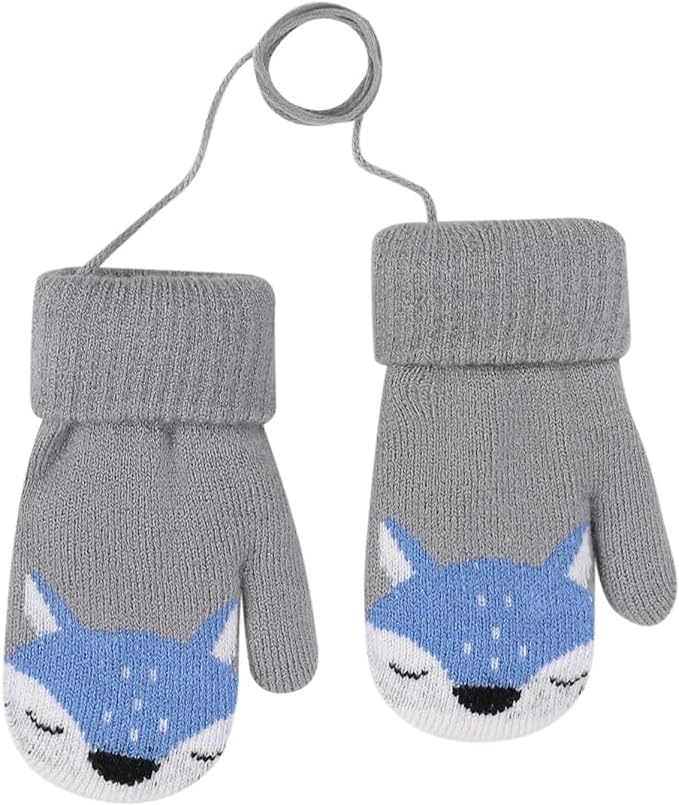 Baby Toddler Cute Fox Gloves Winter Knitted Mittens with String Warm Cashmere Full Finger Cartoon Gloves Thicken Indoor Outdoor Mittens Christmas Birthday Gifts for Kids Boy Girl 1-3 Years (Grey)