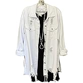 CHARTOU Women's Casual Distressed Long Sleeve Button Down Shirt Ripped Denim Jacket Jean Coat