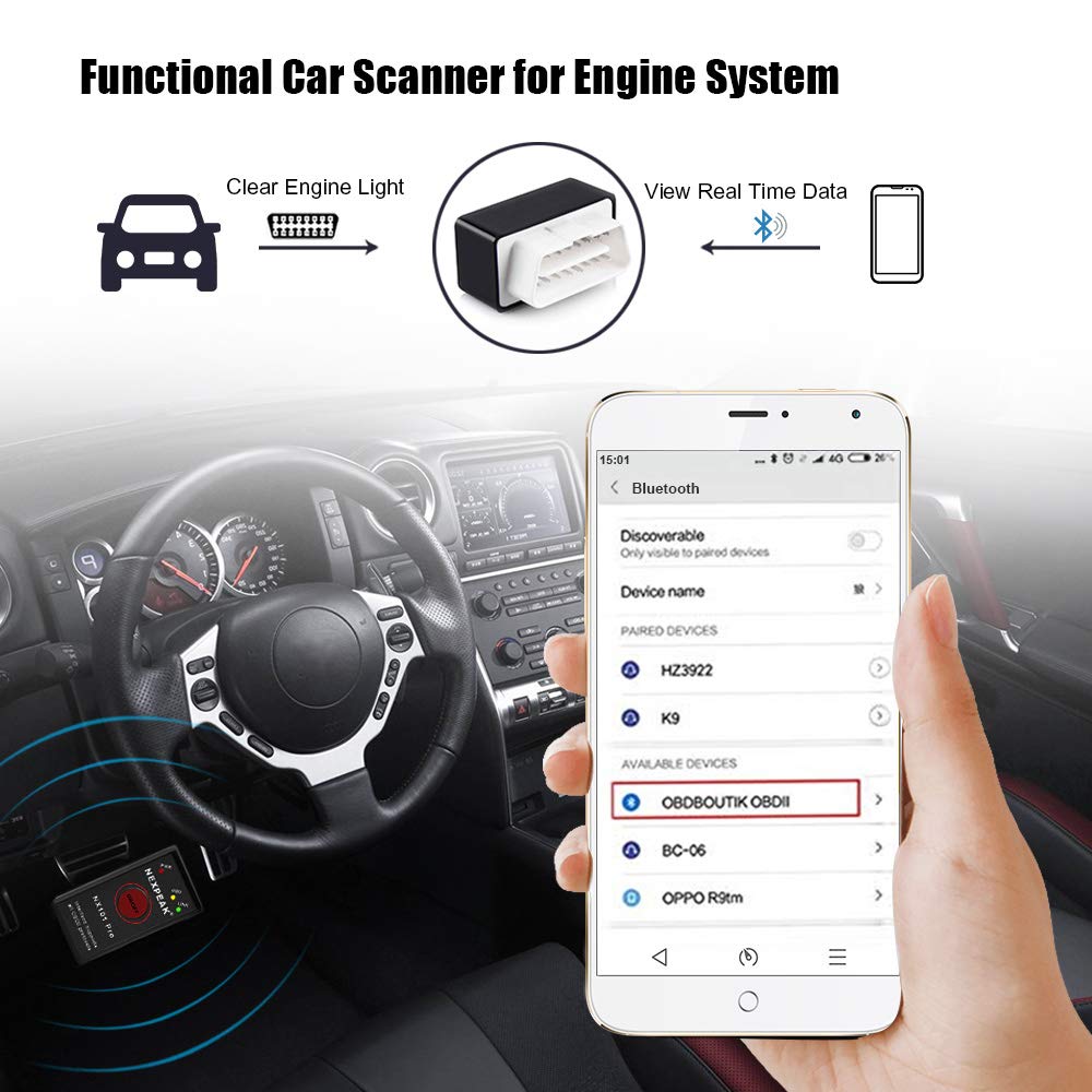 NEXPEAK Bluetooth OBD II Scanner OBD2 ELM 327 V1.5, OBD2 OBDII Scanner Car Diagnostic Bluetooth Scan Tool with ON/OFF Switch Auto Car Code Reader for Android device