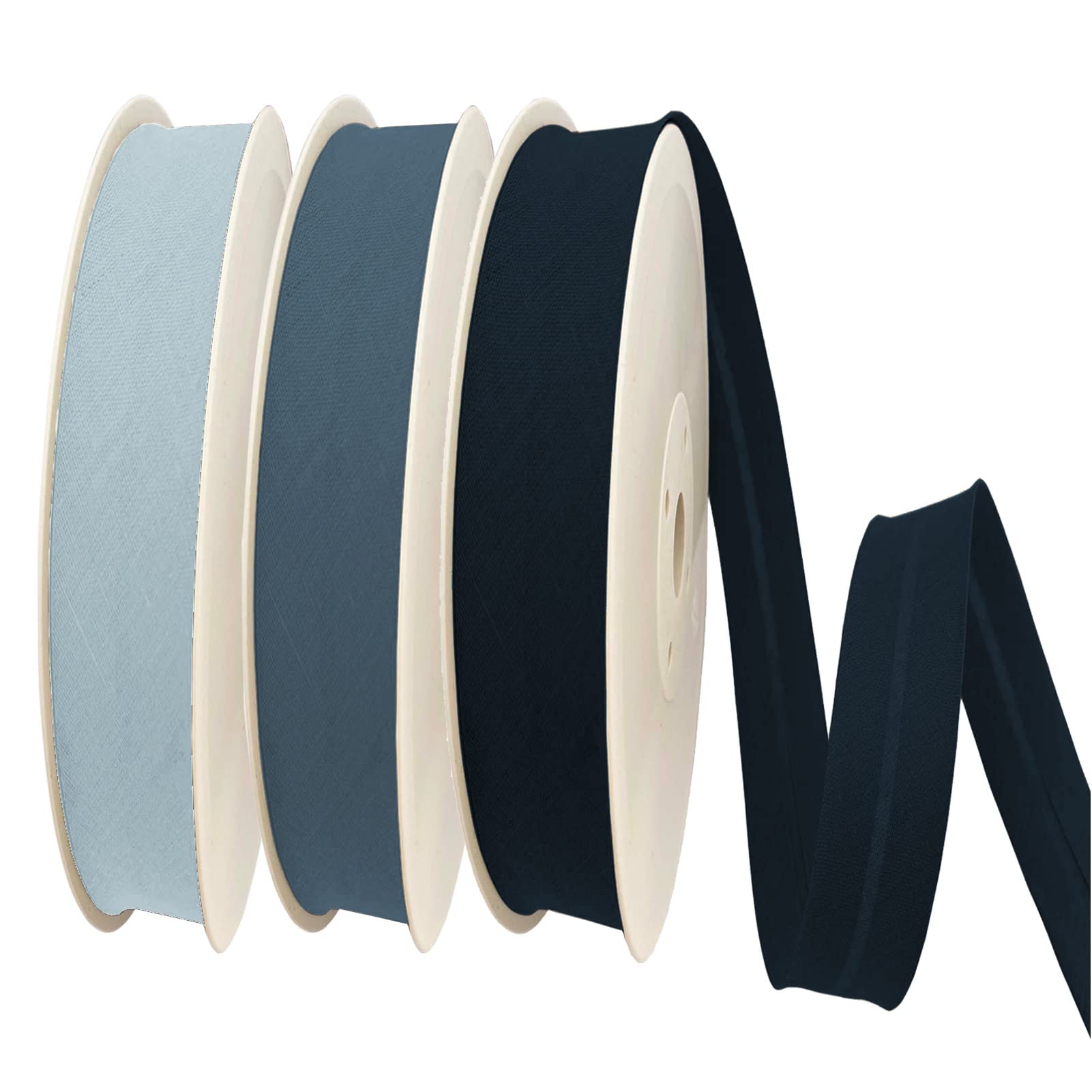 TEXTEX = 30mm Wide Bias Binding Tape. 50% Cotton and 50% Polyester. Pack of 3 Pieces of 10m Each - (Light Blue/Medium Blue/Navy Blue)
