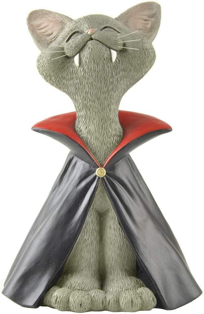 JFSM INC. Whimsical Grey Cat Vampire Dracula Figurine Cute Collectible - Happy Cat Collection - Halloween Decoration, Cat Lover Gifts for Women, Cute Cat Gifts