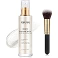 XIFEPFR Body Shimmer Oil, Pearl White Face Brighten Glow Body Luminizer Highlighter Liquid Illuminator with Makeup Brush, Long Lasting Moisturizing Body Glitter Oil for Makeup (3.38 Fl Oz/#01)