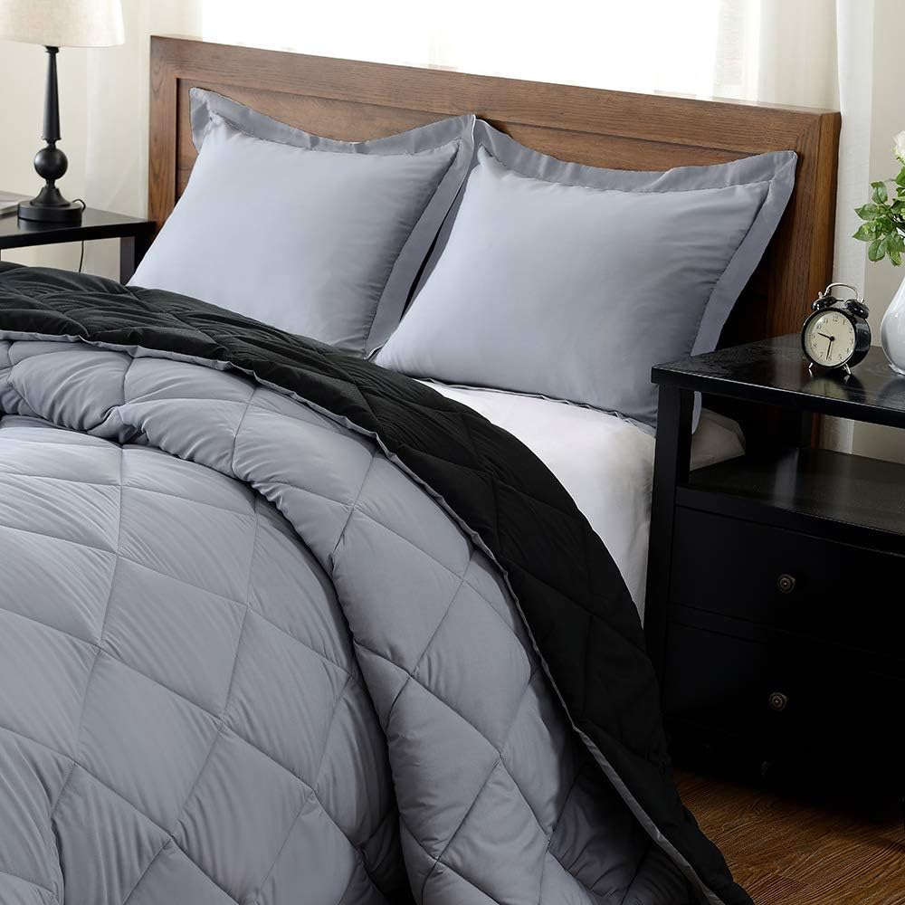 downluxe Lightweight Solid Comforter Set (Queen) with 2 Pillow Shams - 3-Piece Set - Black and Grey - Down Alternative Reversible Comforter: Home & Kitchen