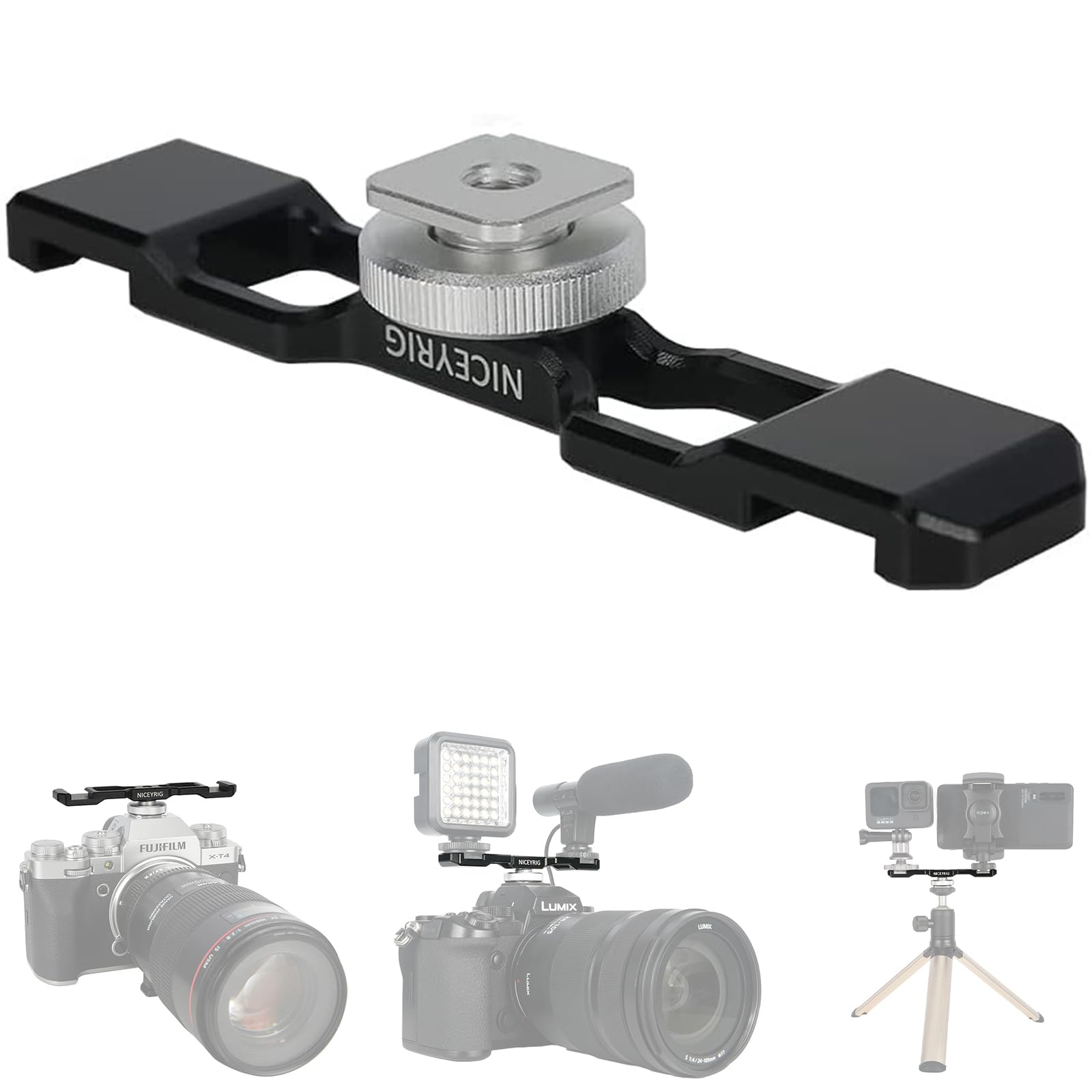NICEYRIG Camera Cage/Tripod Dual Mount Cold Shoe Plate Extension Bracket Adapter for Microphone/LED Video Light - 432
