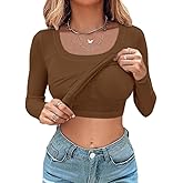CHICME Women's Fall Long Sleeve Square Neck T Shirts with Built-in Shelf Bra Ribbed Knit Slim Fit Casual Basic Tops