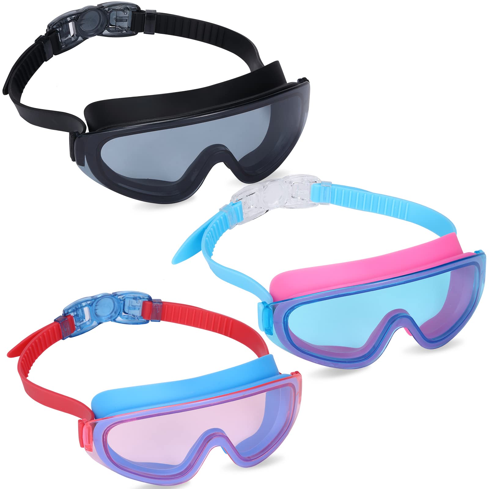 Yizerel 3 Pack Kids Swim Goggles, Swimming Glasses with One-Piece Wide Vision Lens for Children and Early Teens from 3 to 15 Years Old, Anti-Fog, Waterproof, UV Protection (Set of 3)