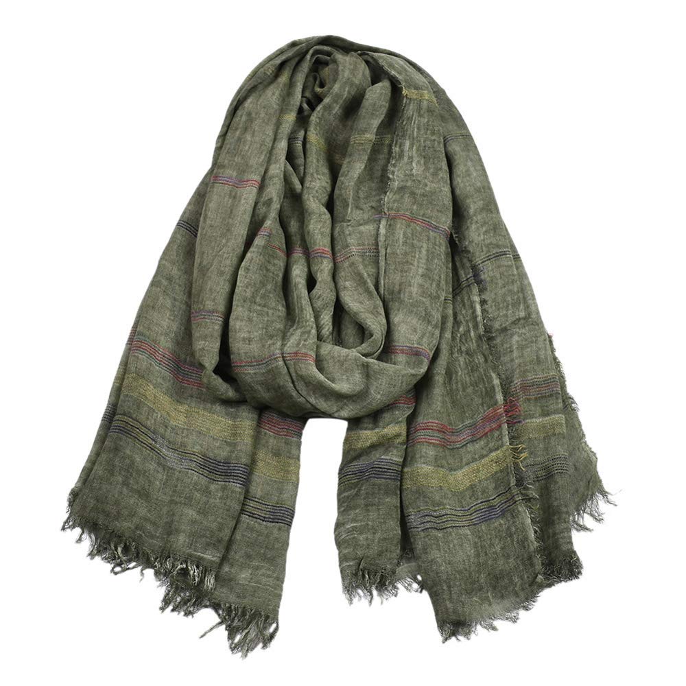 Kangqifen Unisex Soft Striped Scarf with Tassels Cotton Linen Solid Color Scarves 75 x 35 inch ArmyGreen