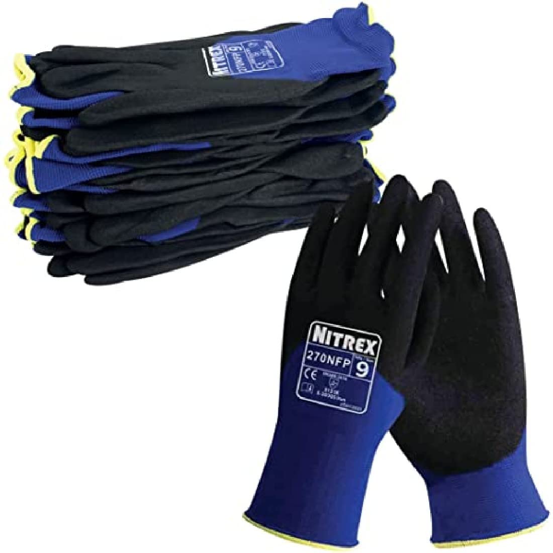 Nitrex 270NFP Work and Safety Gloves, Bag of 10 Pairs, Size 6 - Nylon General Handling Gloves with 3/4 Sandy Nitrile Coating